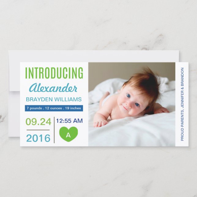 Simple Modern Heart Birth Announcement / Blue Aqua (Front)