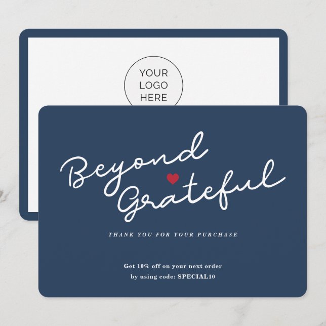 Simple Modern Heart - Navy Business Thank You Card (Front/Back)