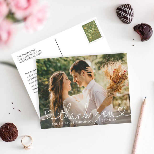 Simple Modern Heart Script Wedding Photo Thank You Postcard (Creator Uploaded)