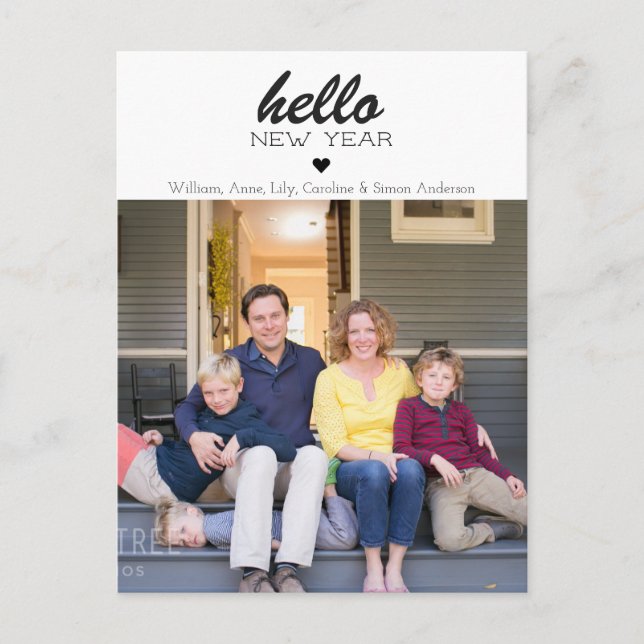 Simple Modern Hello Happy New Year Heart Photo Postcard (Front)