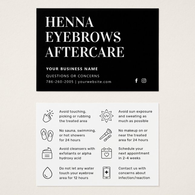 Simple Modern  Henna Brows Aftercare Card Advice (Front & Back)