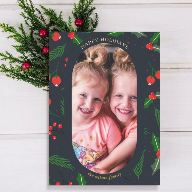 Simple Modern Holly Berries Photo Foil Holiday Postcard (Creator Uploaded)