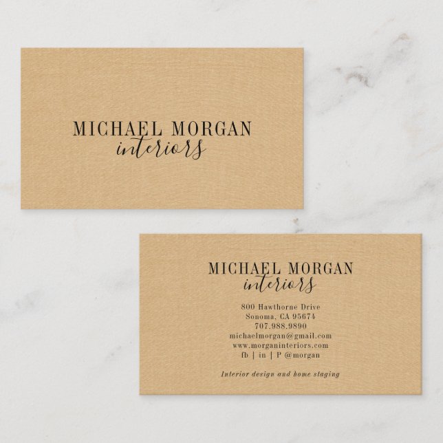 Simple Modern Interior Designer Script Faux Linen Business Card (Front/Back)