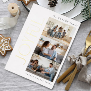 Simple Modern Joyful Family 3 Photo Christmas Gold Foil Holiday Card