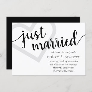 Simple Modern Just Married   Black Heart Reception Invitation