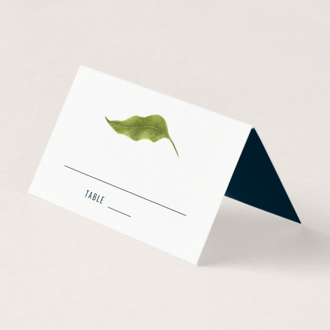 Simple Modern Leaf Deep Blue Elegant Place Card (Front)