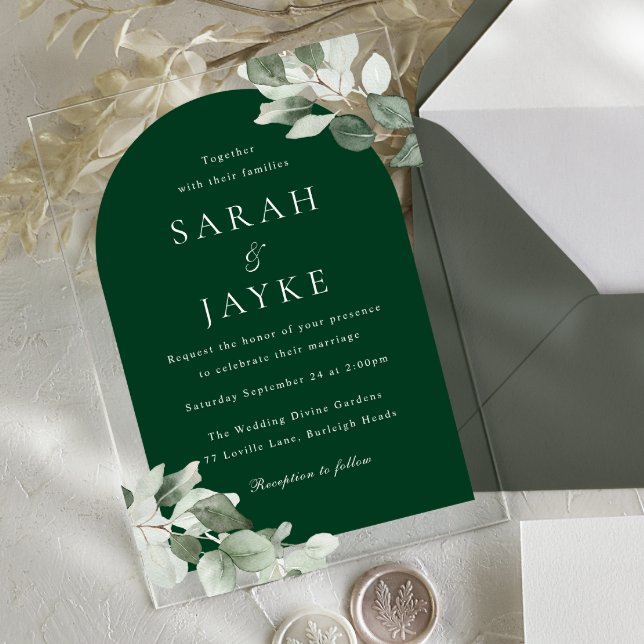Simple Modern Leaf Emerald Green Wedding Acrylic Invitations (Creator Uploaded)