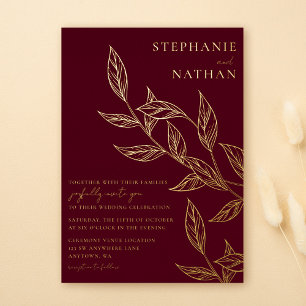 Simple Modern Leaves Burgundy Wedding Gold