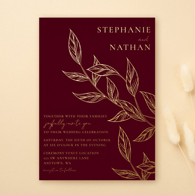 Simple Modern Leaves Burgundy Wedding Gold (Creator Uploaded)