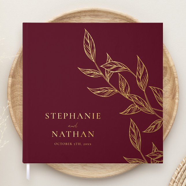 Simple Modern Leaves Burgundy Wedding Gold Guest Book (Creator Uploaded)