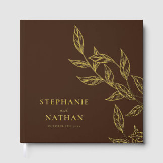 Simple Modern Leaves Dark Brown Wedding Gold Guest Book