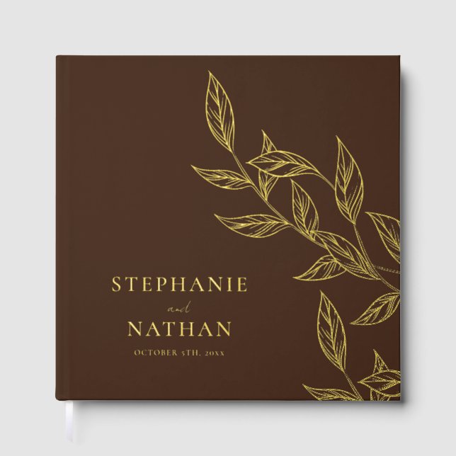 Simple Modern Leaves Dark Brown Wedding Gold Guest Book (Front)