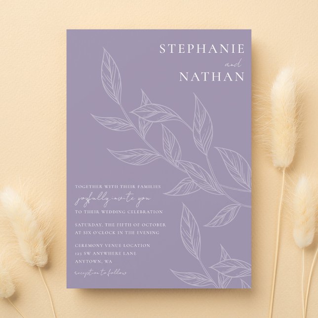 Simple Modern Leaves Dusty Lavender Wedding Invitation (Creator Uploaded)