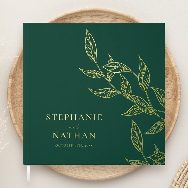 Simple Modern Leaves Emerald Green Wedding Gold Guest Book (Creator Uploaded)