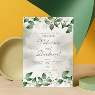 Simple & Modern Leaves Green Watercolor Wedding Invitation