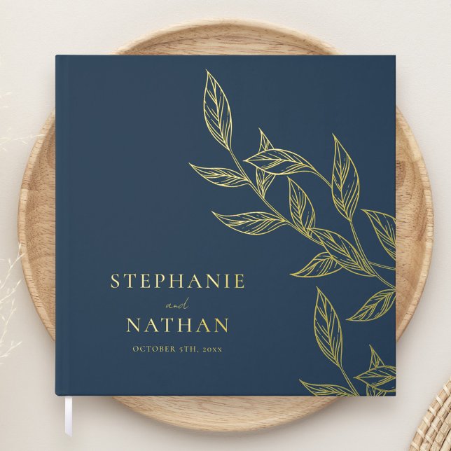 Simple Modern Leaves Navy Blue Wedding Gold Guest Book (Creator Uploaded)