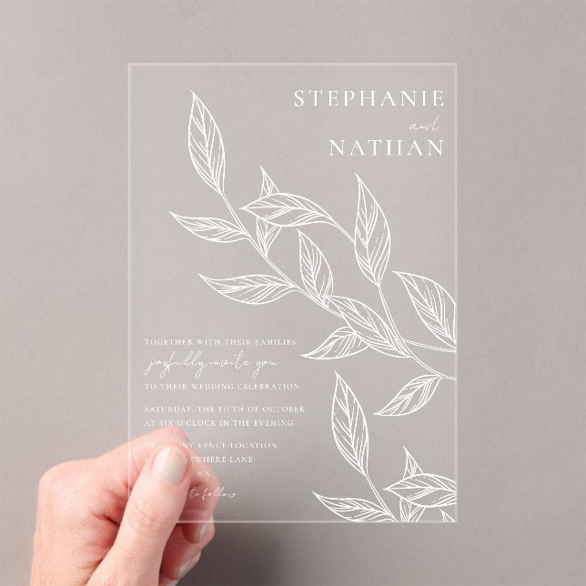 Simple Modern Leaves Wedding Acrylic Invitations (Insitu (Handheld))