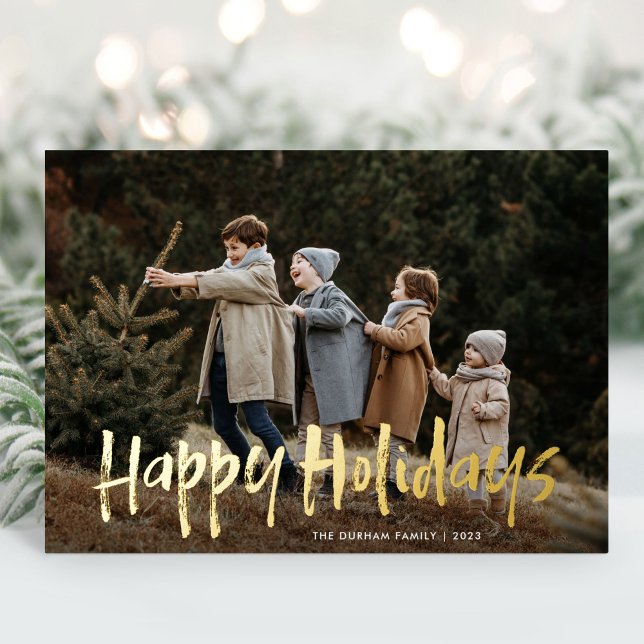 Simple Modern Lettering Two Photo Happy Holidays Foil Holiday Postcard (Creator Uploaded)