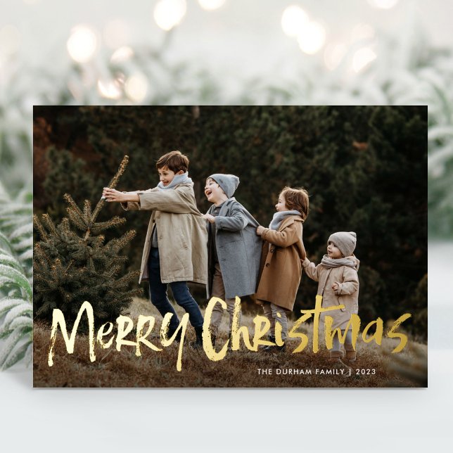 Simple Modern Lettering Two Photo Merry Christmas Foil Holiday Card (Creator Uploaded)