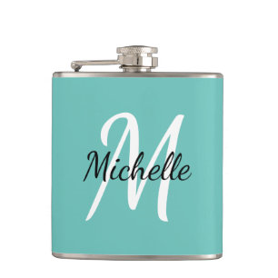 Simple Modern Light Blue Monogram Hip Flask