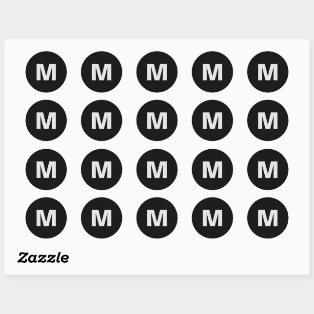 Simple Modern Light Gray on Black Monogram Initial Classic Round Sticker (Sheet)