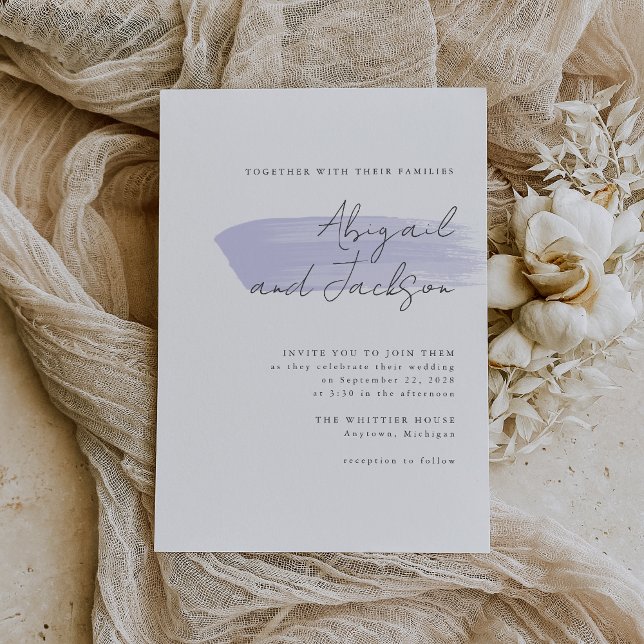 Simple Modern Lilac Brush Strokes Wedding Invitation (A simple, modern invitation for a wedding with a lilac or lavender color palette.)