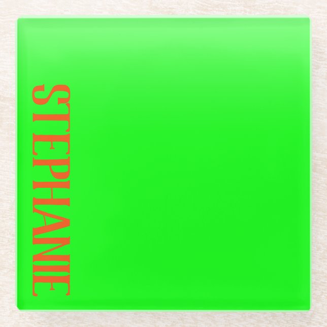 Simple & Modern Lime Green & Orange - Personalized Glass Coaster (Front)