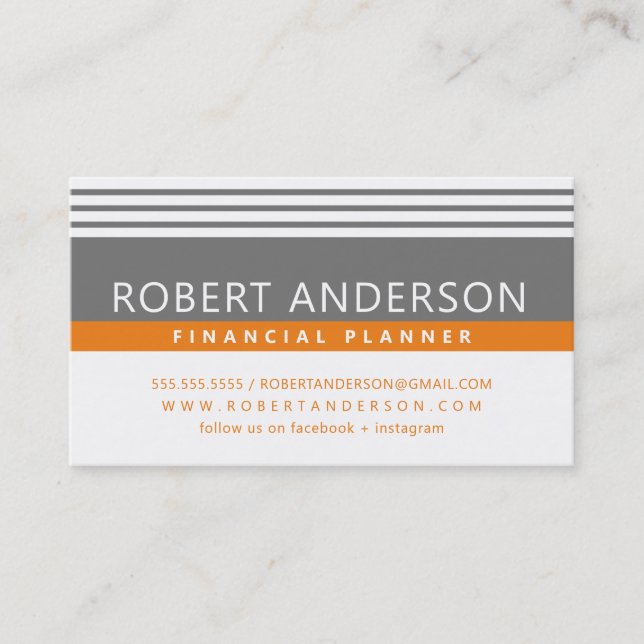 SIMPLE MODERN LINES manly medium grey bold orange Business Card (Front)