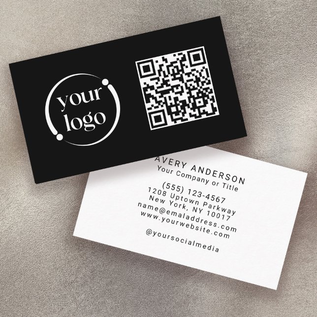 Simple Modern Logo and QR Code on Black Business Card (Creator Uploaded)