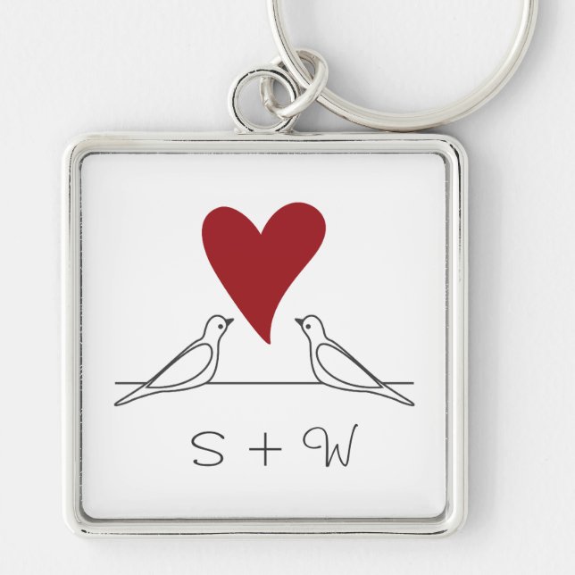Simple Modern Love Birds Red Heart Monogram Key Ring (Front)