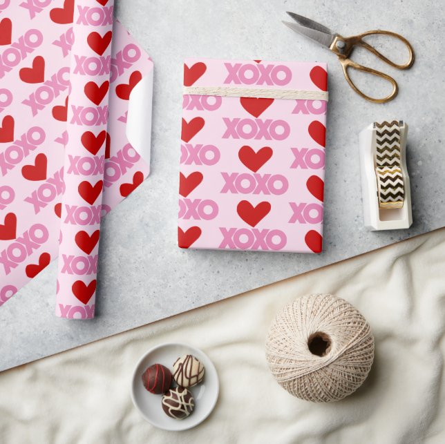 Simple Modern Love XOXO Hearts Pink & Red Pattern Wrapping Paper (Crafts)