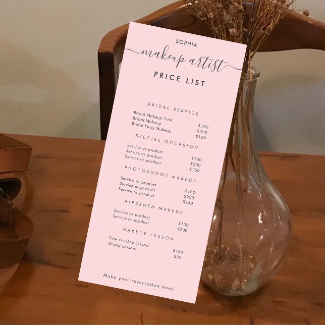 Simple Modern Makeup Artist Price List Pink Rack Card (Creator Uploaded)