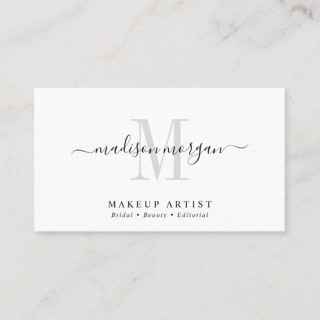 Simple Modern Makeup Artist Script Monogram Business Card (Front)