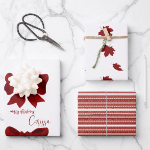 Simple Modern Maple Leaves Red Christmas Bow  Wrapping Paper Sheet