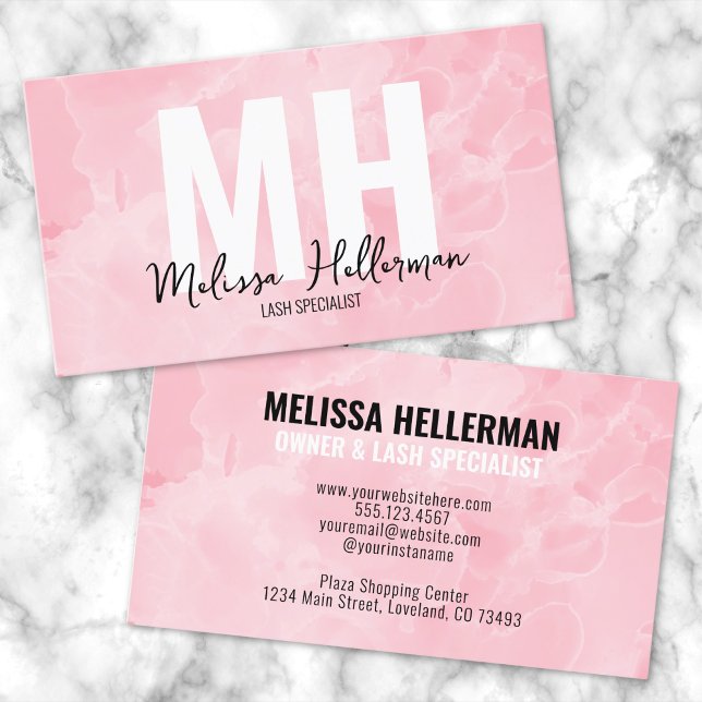 Simple Modern Marble Blush Pink Monogram Business Card (Chic Elegant Pink Marble Watercolor Monogram Business Card)