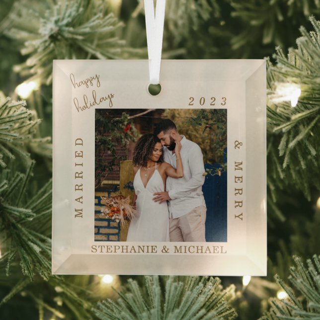 Simple Modern Married & Merry Gold Script Photo Glass Tree Decoration (Insitu)