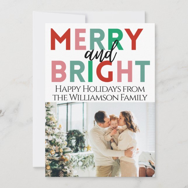 Simple Modern Merry & Bright Colourful One Photo Holiday Card (Front)