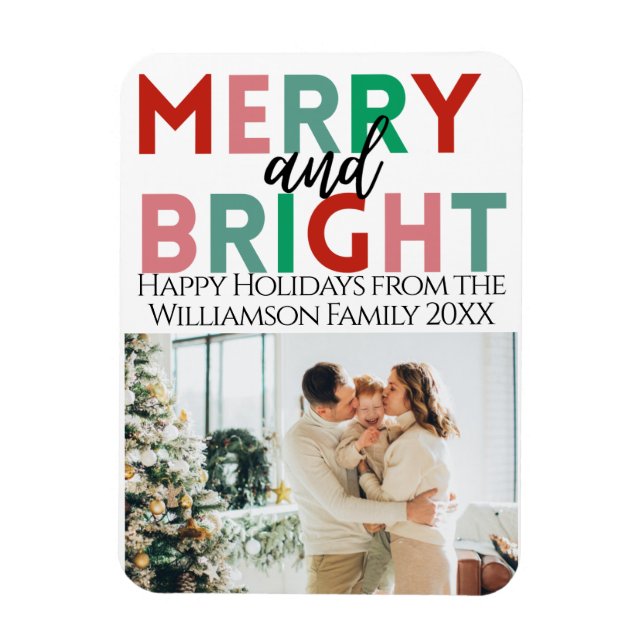 Simple Modern Merry & Bright Colourful One Photo Magnet (Vertical)