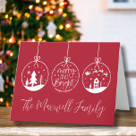 Simple Modern Merry Bright Holiday Card<br><div class="desc">A perfect Christmas card for either personal (family name) or business use. Features 3 ornaments, one with 'Merry And Bright' in the centre. The other two have winter scenes like a Christmas Tree and Santa and the reindeer flying over a house. A fun, yet simple and modern print! Right now...</div>