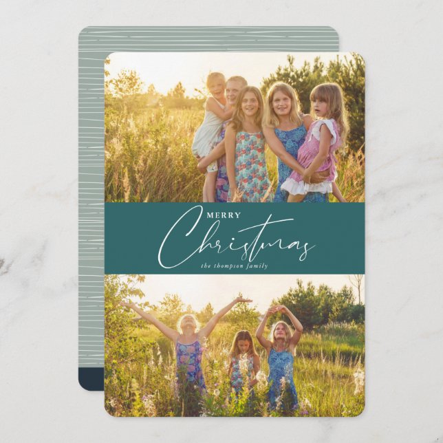 Simple Modern Merry Christmas Dark Green Script Holiday Card (Front/Back)
