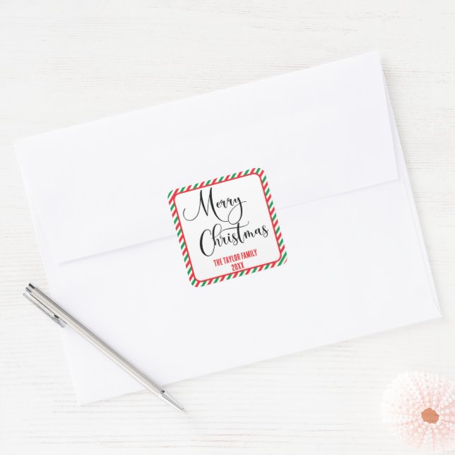 Simple Modern Merry Christmas from Family Square Sticker (Envelope)