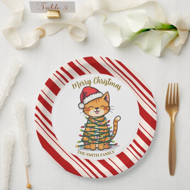 Simple modern merry christmas kitten CatMAS patter Paper Plate (Wedding)