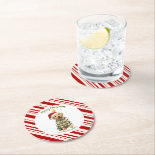 Simple modern merry christmas Lab puppy dog patte Round Paper Coaster