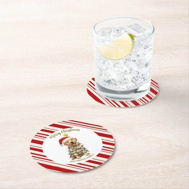 Simple modern merry christmas  Lab puppy dog patte Round Paper Coaster (Insitu)