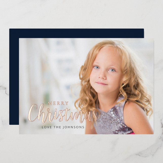 Simple Modern Merry Christmas Photo Rose Gold Foil Holiday Card (Front/Back)
