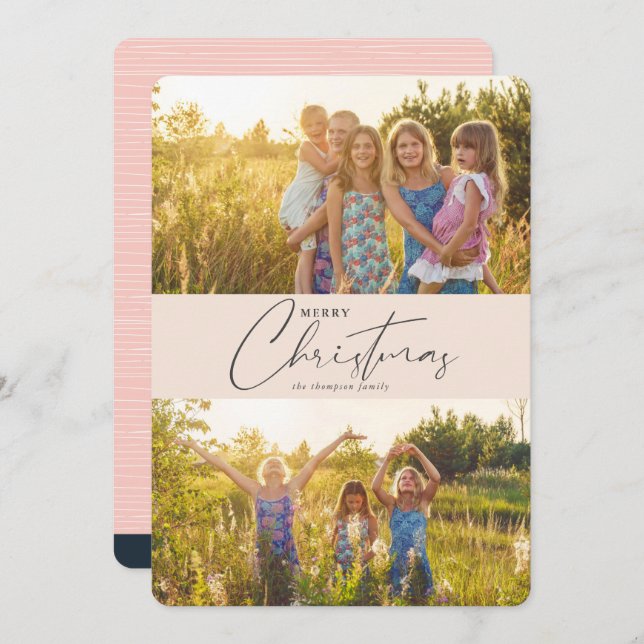 Simple Modern Merry Christmas Pink Script Photo Holiday Card (Front/Back)