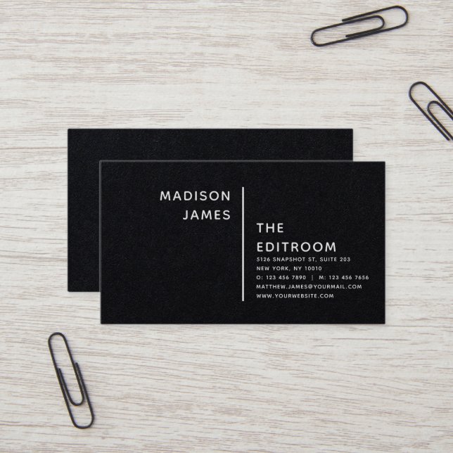 Simple Modern Minimal Black Textured White Script Business Card (Front/Back In Situ)