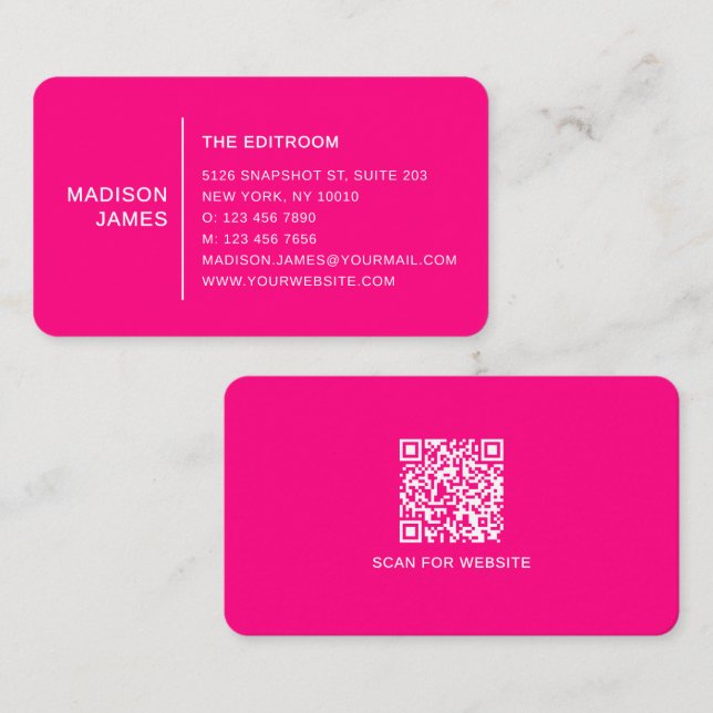 Simple Modern Minimal Bright Pink QR Code Business Card (Front/Back)