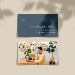Simple Modern Minimal Dark Blue Logo Photo Business Card