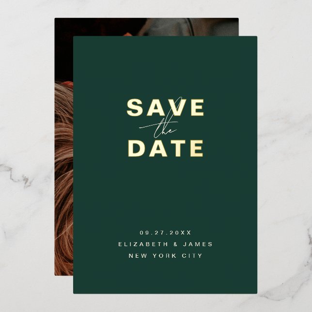 Simple Modern Minimal Emerald Green Save The Date  (Front/Back)